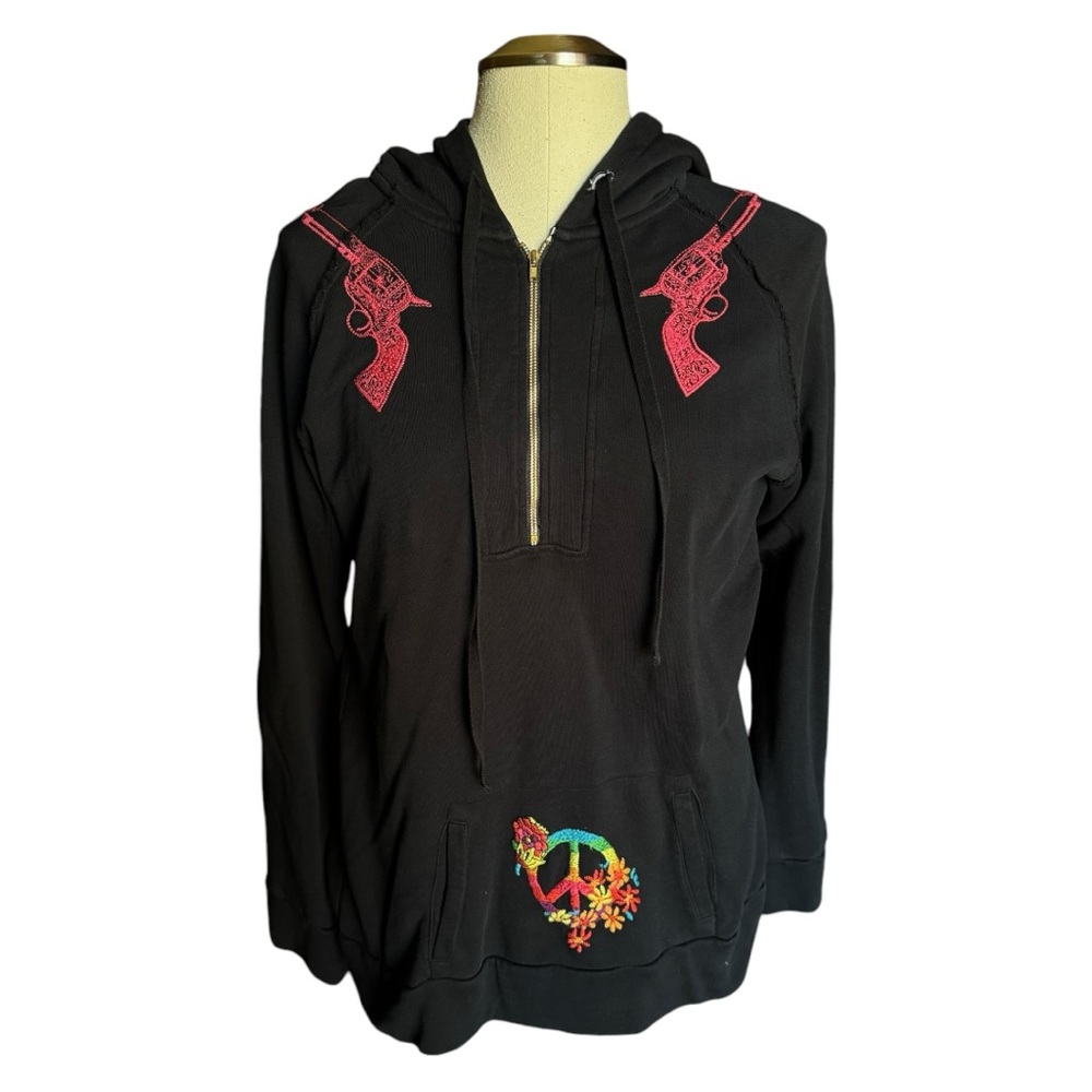 Johnny Was Black Hoodie with Pink Gun Accents and Multicolor Peace Patch